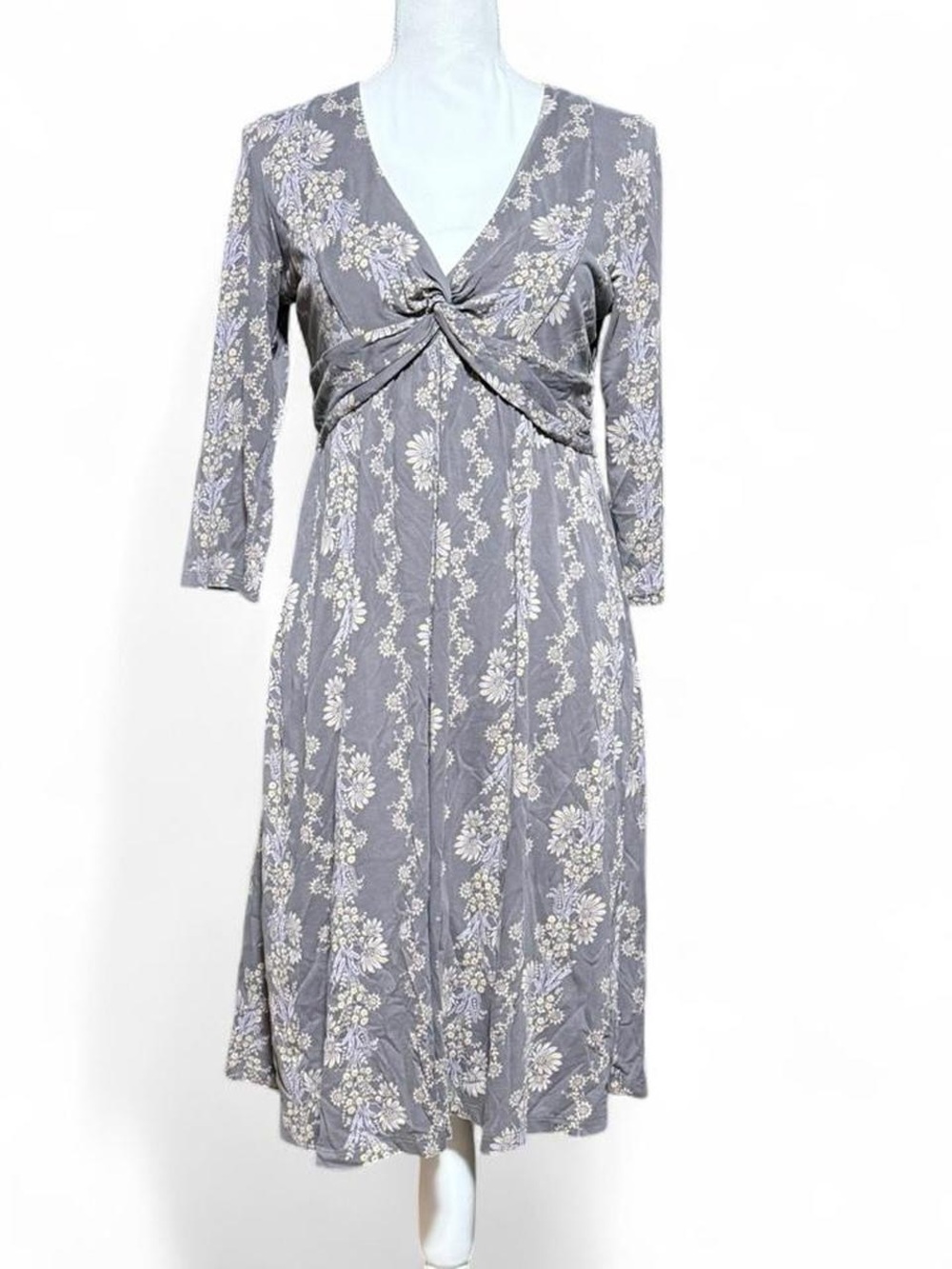 Patagonia Floral Midi Dress Gray Organic Cotton Twist Front Boho M